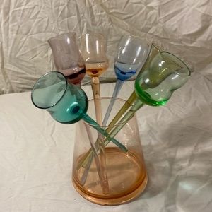 Vintage Elegant Glass Ice Bucket with 6 Multi Colored Stemmed Cordial Glasses.